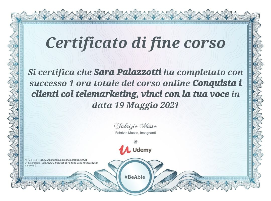 Attestato corso telemarketing - Sara Palazzotti