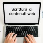 Postazione di lavoro con laptop, blocco note e icone SEO, rappresenta la scrittura di contenuti per il web