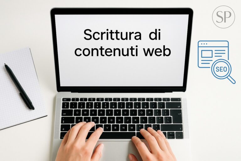 Postazione di lavoro con laptop, blocco note e icone SEO, rappresenta la scrittura di contenuti per il web